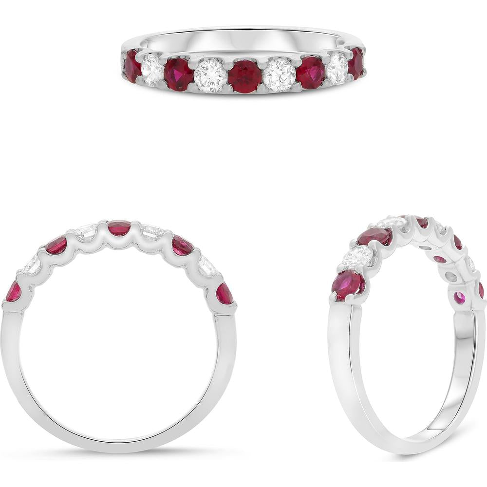 Roman & Jules - 14K White Gold Nine Stone Ruby & Diamond Band - 0.33 Carat Round Diamond, 0.50 Carat Ruby