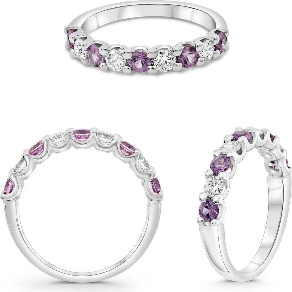 Roman & Jules - 14K White Gold Nine-Stone Wedding Band with Round Diamonds and Pink Sapphires - 1.13 Carat Total Weight