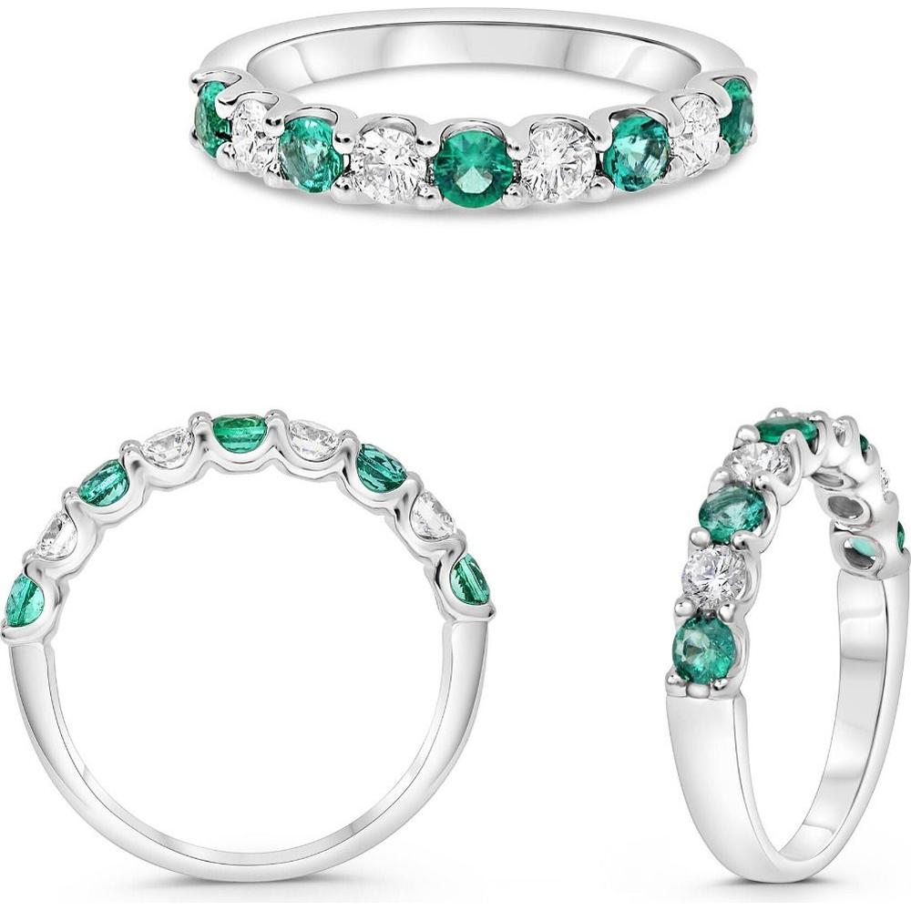 Roman & Jules - 14K White Gold Nine-Stone Wedding Band with Round White Diamonds and Emeralds - 0.45 Carat Total Diamond Weight