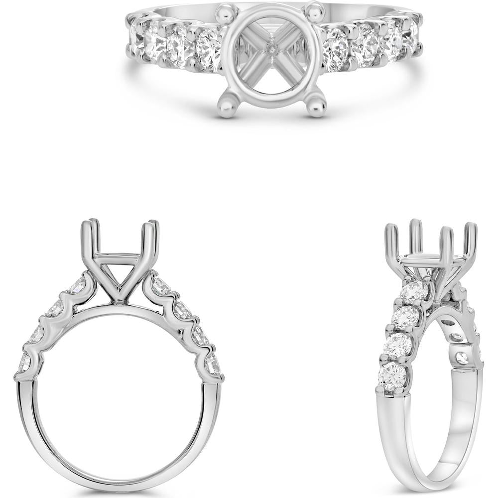 Roman & Jules - 14K White Gold Nine-Stone Wedding Band with Shared U-Prong Set Round Diamonds - 0.85 Carat Total Diamond Weight