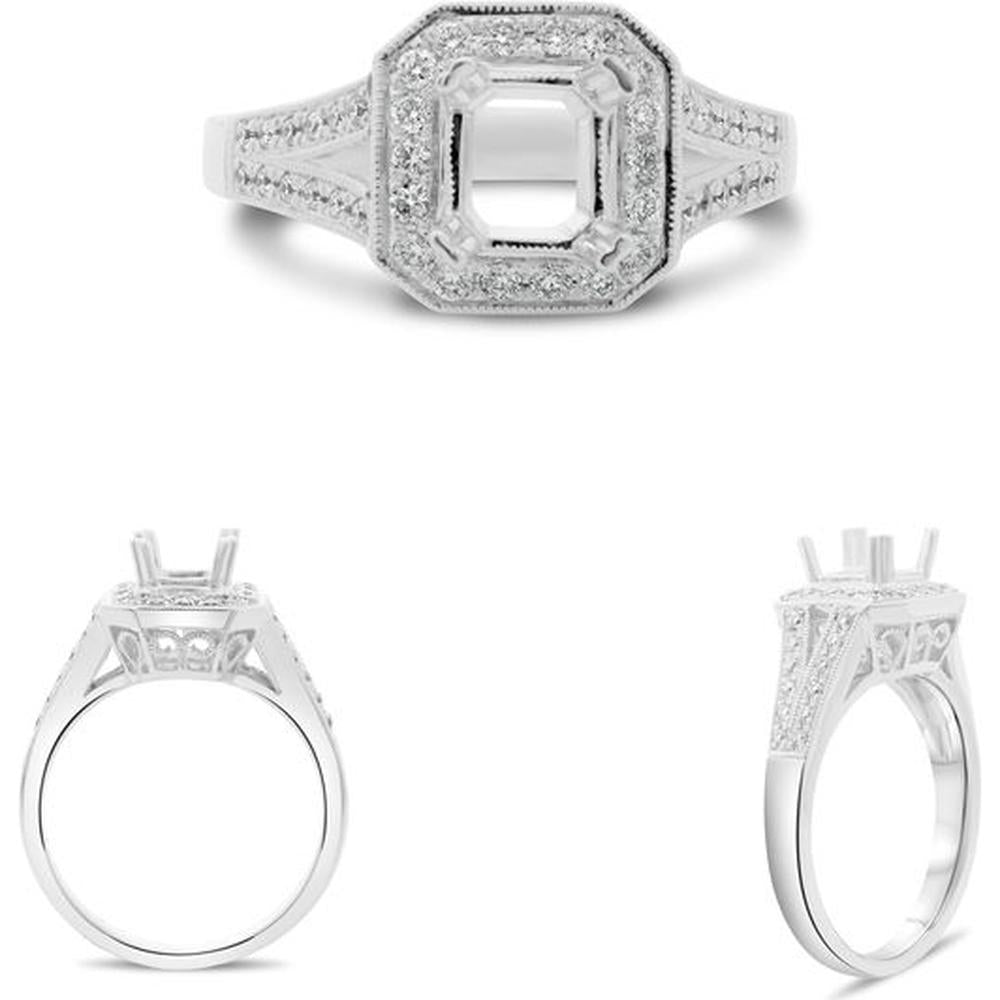 Roman & Jules - 14K White Gold Octagon Split Shank Engagement Ring with Round Diamonds and Halo Setting