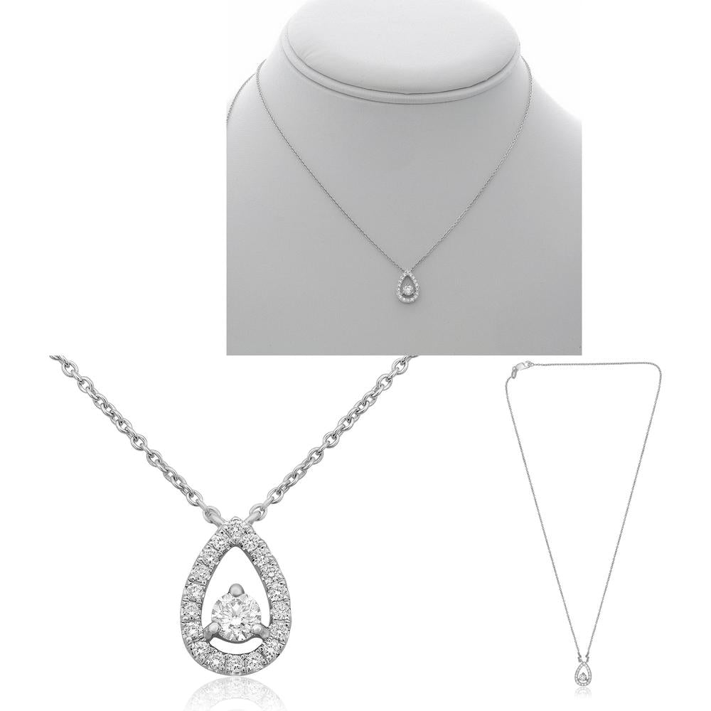 Roman & Jules - 14K White Gold Open Pear Necklace with Halo Setting and Round Diamonds - 0.18 Carat Total Diamond Weight