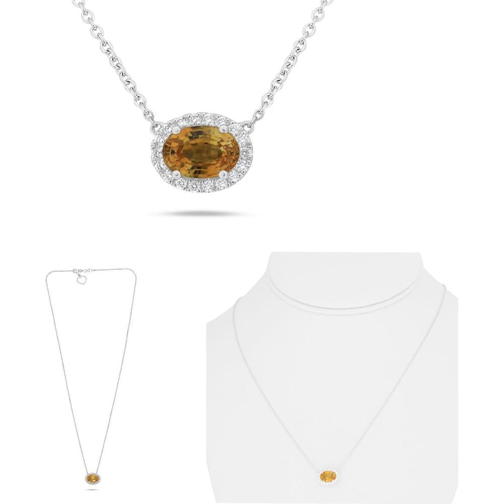 Roman & Jules - 14K White Gold Orange Sapphire Oval Necklace with Diamond Halo - 2.03 Carat Total Gemstone Weight