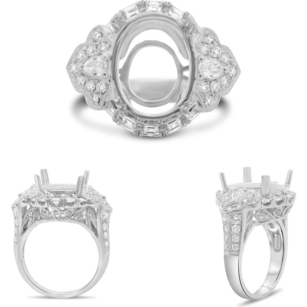 Roman & Jules - 14K White Gold Ornate Baguette Halo Engagement Ring with Pear-Shaped Side Stones and Round Accent Diamonds - 0.42 Carat Total Diamond Weight
