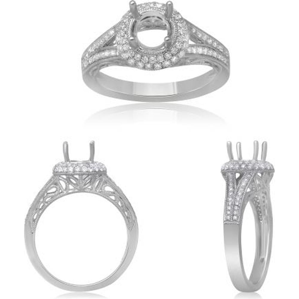 Roman & Jules - 14K White Gold Ornate Split Shank Engagement Setting with 0.42 Carat Total Round Diamonds