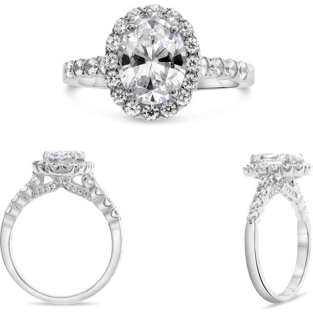 Roman & Jules - 14K White Gold Oval Diamond Four Prong Halo Engagement Ring with Round Diamonds - 0.67 Carat Total Diamond Weight