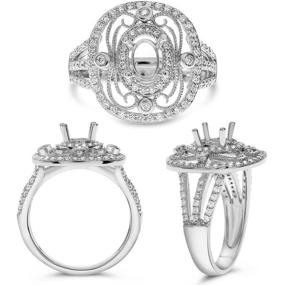 Roman & Jules - 14K White Gold Oval Diamond Ring with Double Prong and Triple Band - 0.55 Carat Total Diamond Weight