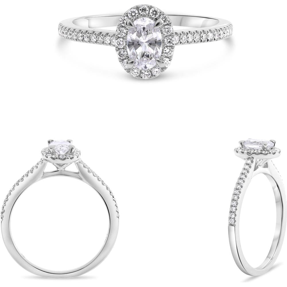 Roman & Jules - 14K White Gold Oval Diamond Ring with Halo of Round Diamonds - 0.21 Carat Total Diamond Weight