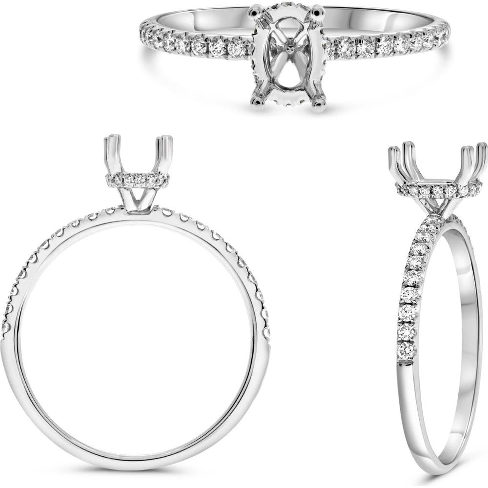 Roman & Jules - 14K White Gold Oval Diamond Ring with Hidden Full Halo and Micropavé Setting - 0.20 Carat Total Diamond Weight