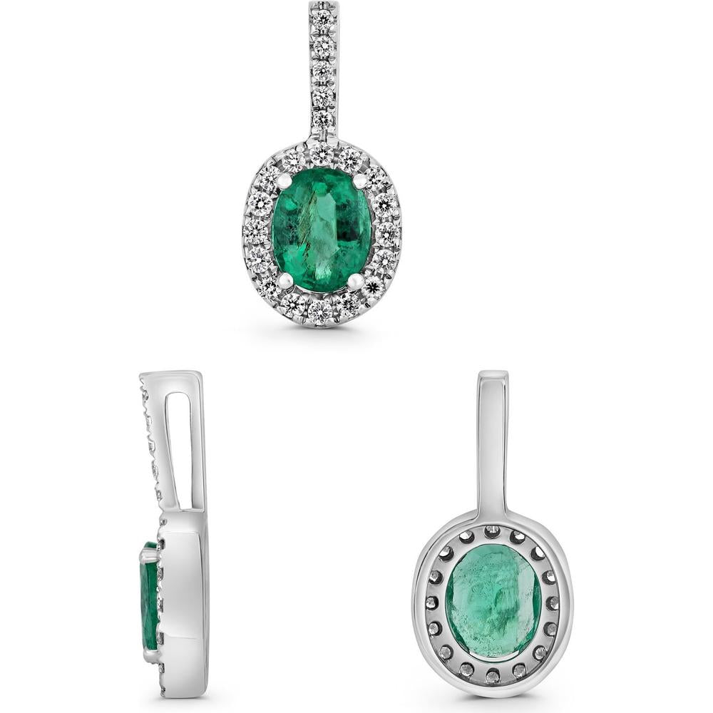 Roman & Jules - 14K White Gold Oval Emerald and Diamond Halo Pendant - 0.30 Carat Emerald, 0.10 Carat Diamond Weight