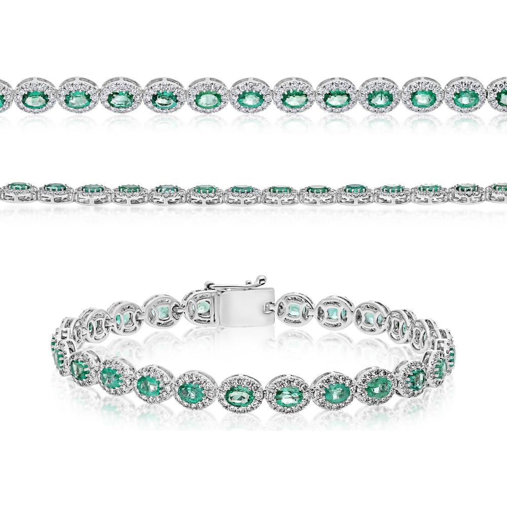 Roman & Jules - 14K White Gold Oval Emerald Bracelet with Diamond Halo - 4.00 Carat Total Emerald Weight