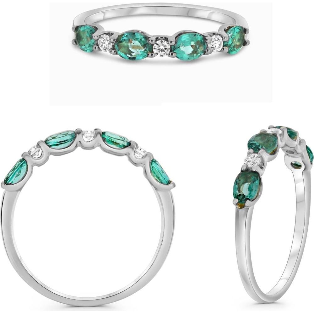 Roman & Jules - 14K White Gold Oval Emerald Ring with Round Diamonds - 0.72 Carat Total Gemstone Weight