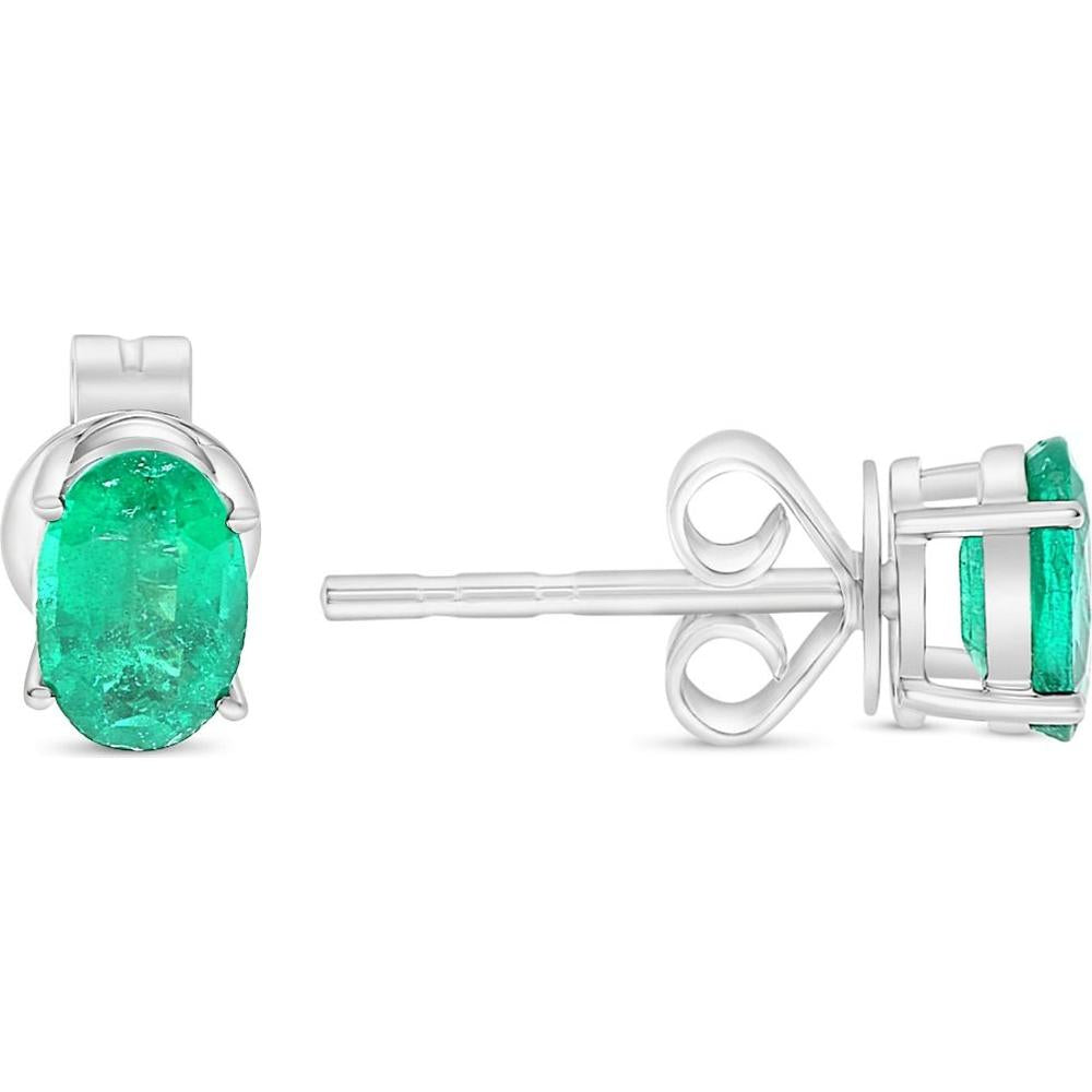 Roman & Jules - 14K White Gold Oval Emerald Stud Earrings - 0.90 Carat Total Emerald Weight