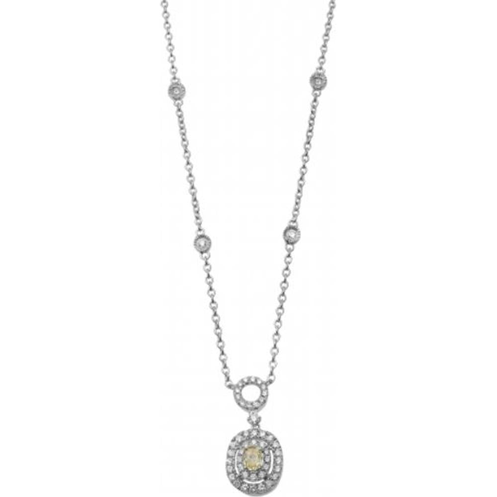 Roman & Jules - 14K White Gold Oval Fancy Yellow Diamond Necklace with Round Diamonds - 0.57 Carat Total Diamond Weight
