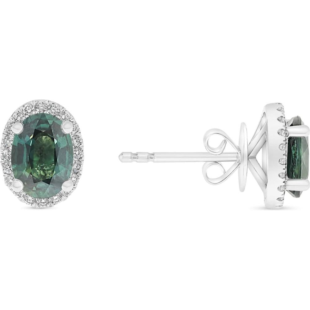 Roman & Jules - 14K White Gold Oval Green Sapphire Stud Earrings with Round Diamond Halo - 1.80 Carat Total Gem Weight