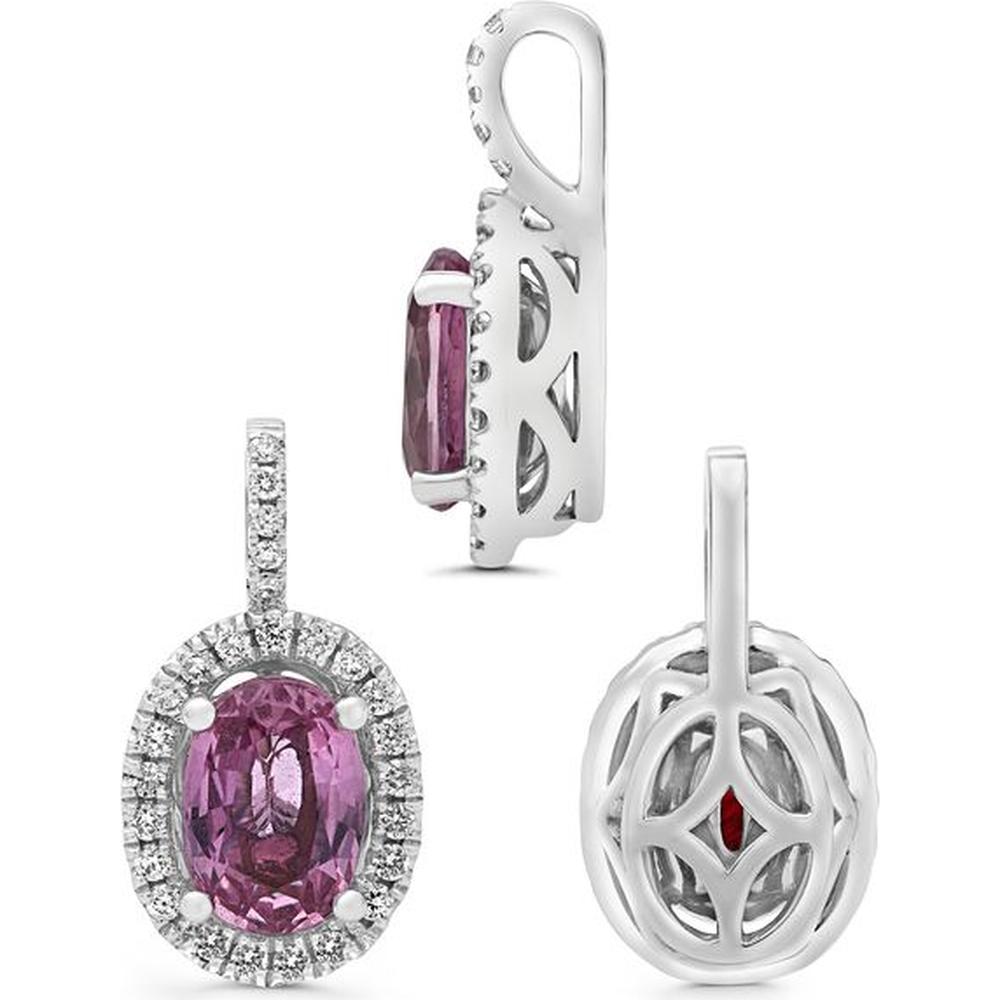 Roman & Jules - 14K White Gold Oval Pink Sapphire Pendant with Diamond Halo - 0.11 Carat Total Diamond Weight
