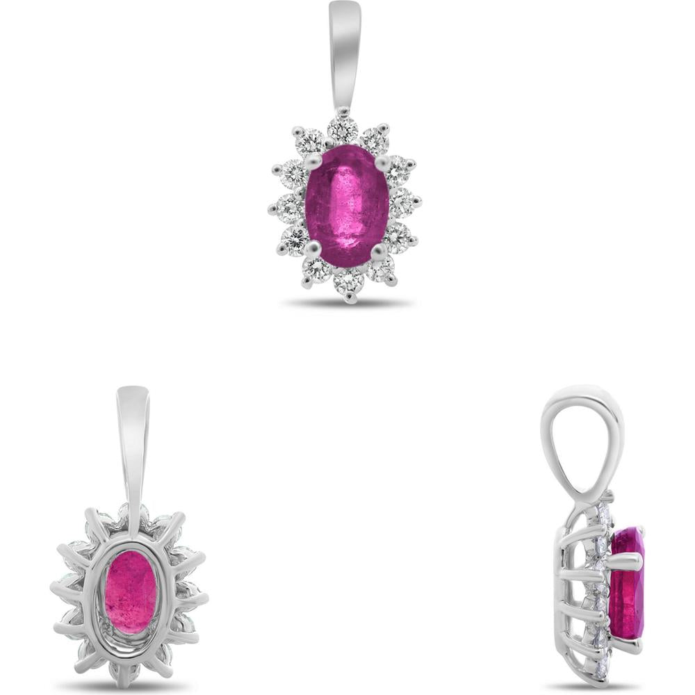 Roman & Jules - 14K White Gold Oval Pink Sapphire Pendant with Diamond Halo - 0.54 Carat Pink Sapphire, 0.18 Carat Round Diamonds