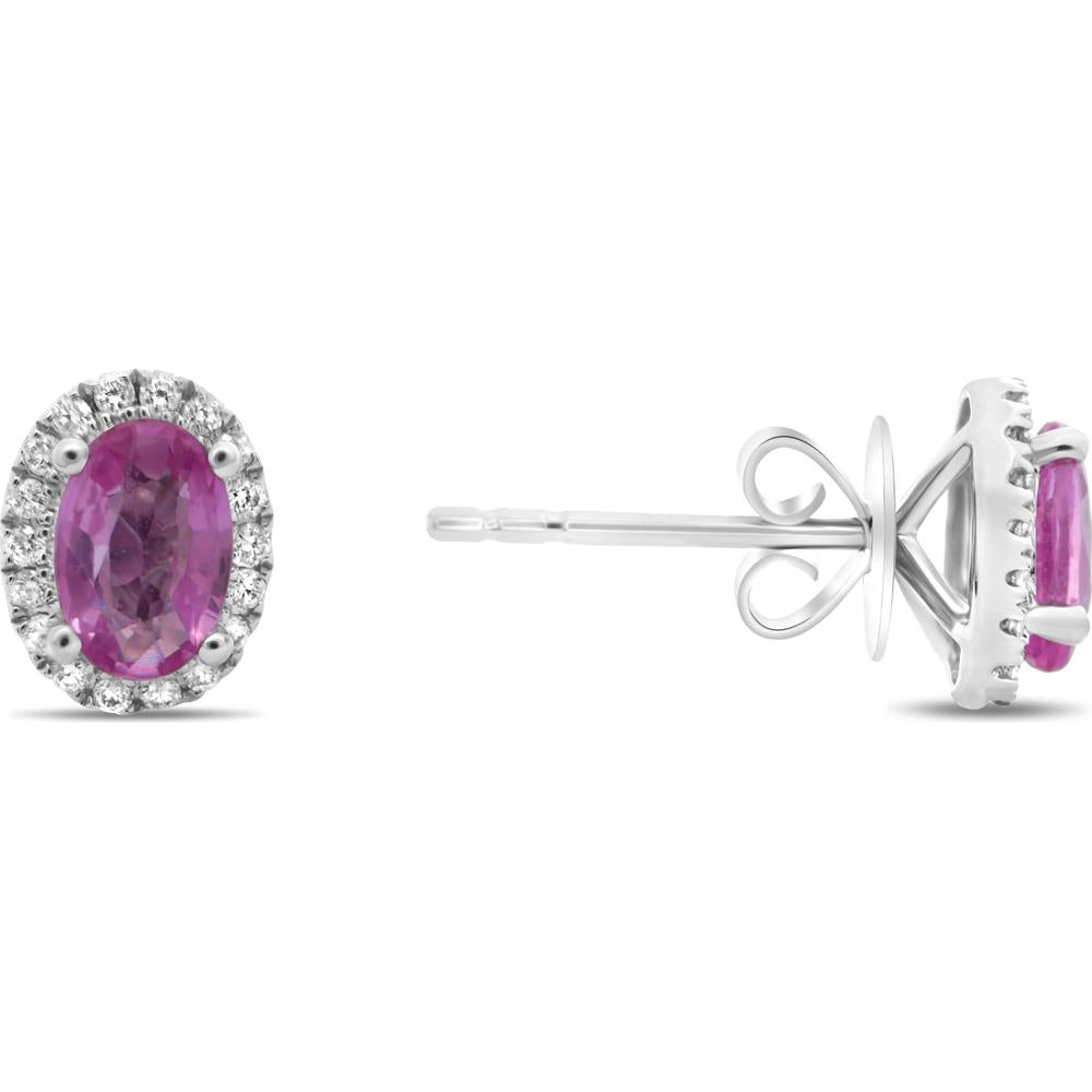 Roman & Jules - 14K White Gold Oval Pink Sapphire Stud Earrings with Halo of Round Diamonds - 1.12 Carat Total Sapphire Weight