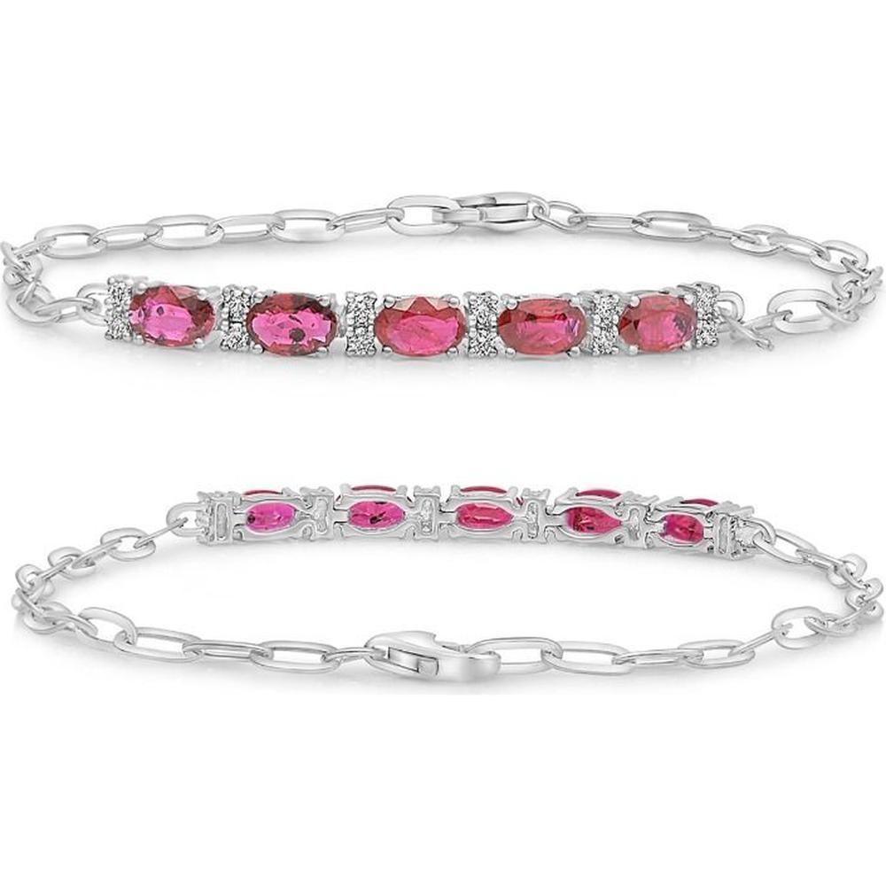 Roman & Jules - 14K White Gold Oval Ruby Bracelet with Round Diamond Accents - 0.14 Carat Total Diamond Weight