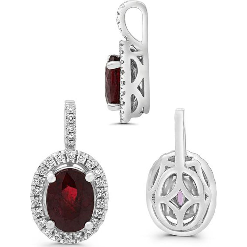 Roman & Jules - 14K White Gold Oval Ruby Halo Pendant with Round Diamonds - 1.11 Carat Total Gem Weight