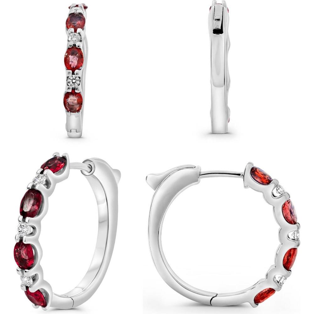 Roman & Jules - 14K White Gold Oval Ruby Hoop Earrings with Diamond Accents - 1.75 Carat Total Ruby Weight
