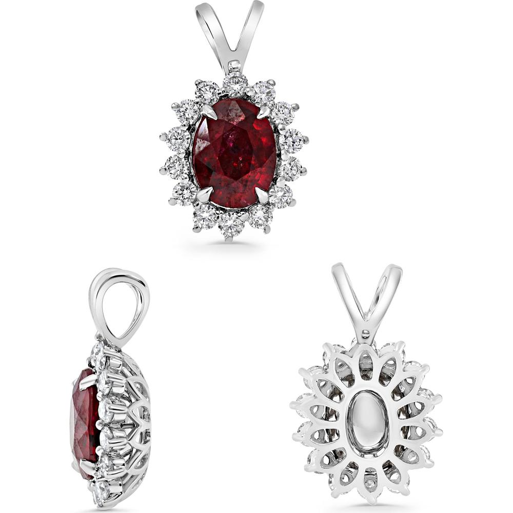 Roman & Jules - 14K White Gold Oval Ruby Pendant with 32 Round Diamonds - 0.32 Carat Total Diamond Weight