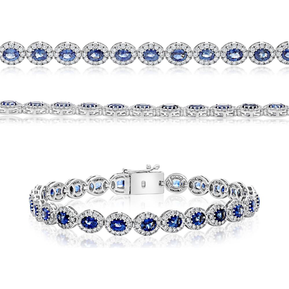Roman & Jules - 14K White Gold Oval Sapphire and Diamond Halo Bracelet - 2.25 Carat Total Diamond Weight