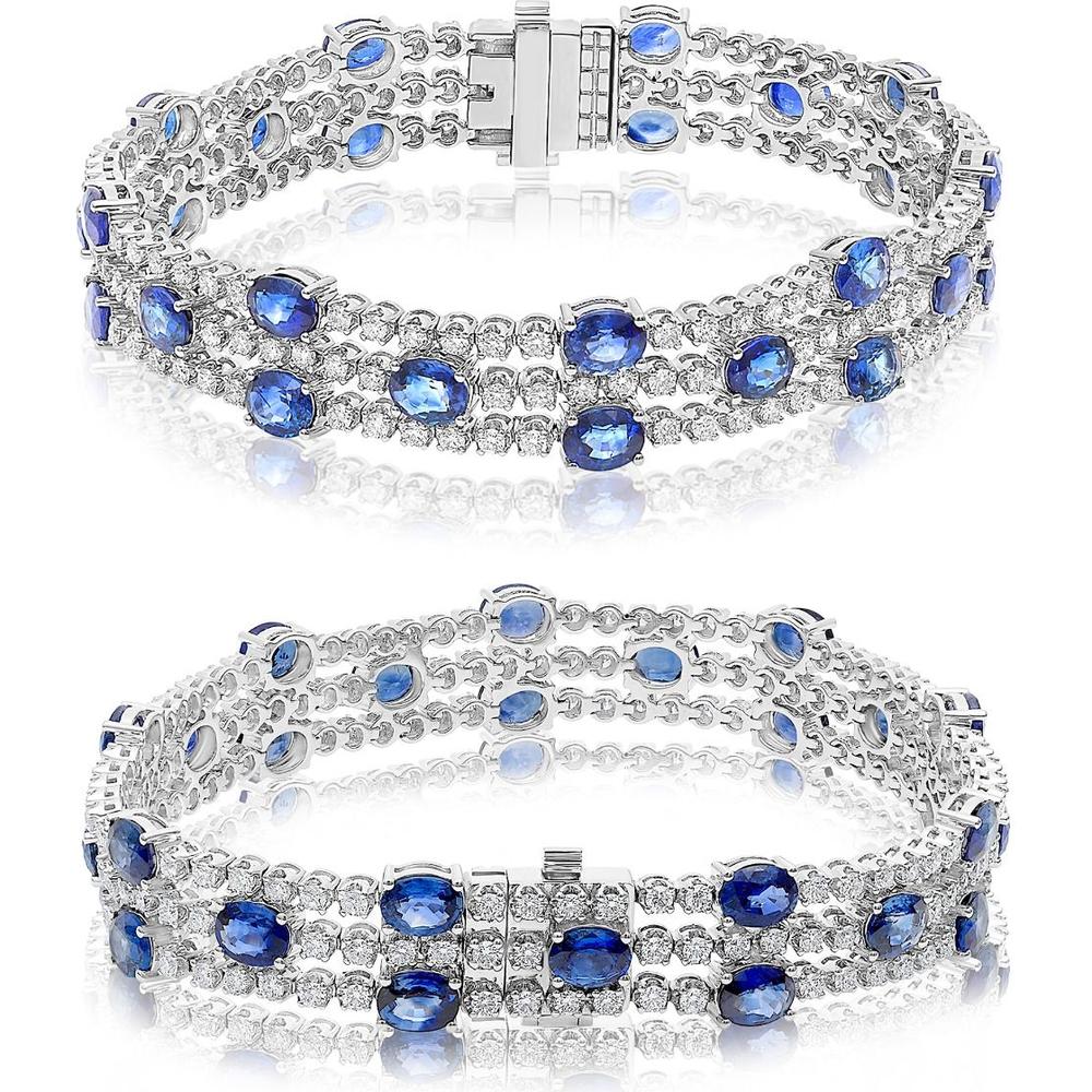 Roman & Jules - 14K White Gold Oval Sapphire and Diamond Tennis Bracelet with Round Diamonds - 2.97 Carat Total Diamond Weight
