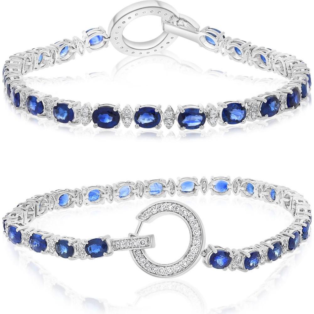 Roman & Jules - 14K White Gold Oval Sapphire and Round Diamond Tennis Bracelet - 2.35 Carat Total Sapphire and Diamond Weight