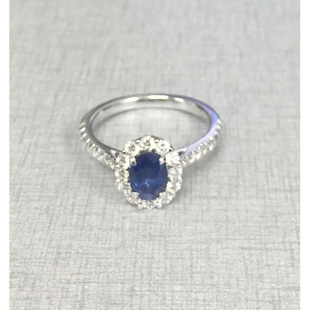 Roman & Jules - 14K White Gold Oval Sapphire Halo Ring with Round Diamonds - 0.90 Carat Total Sapphire Weight