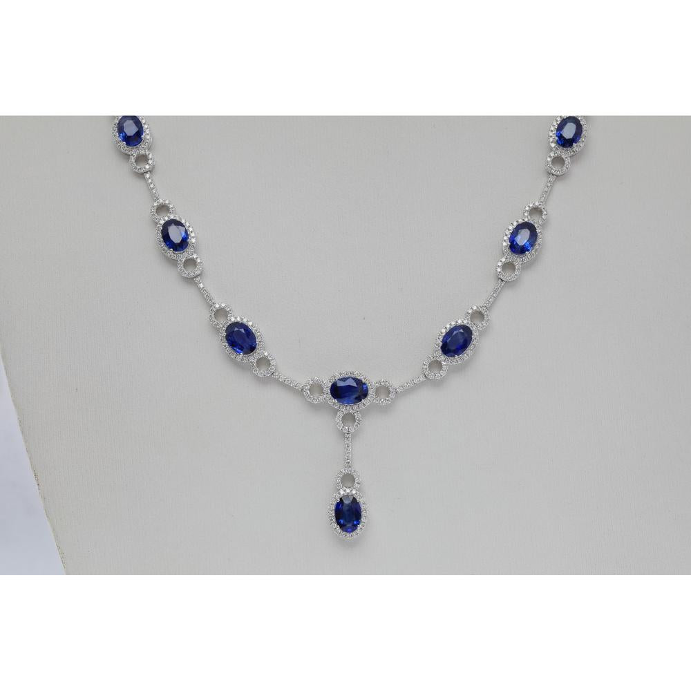 Roman & Jules - 14K White Gold Oval Sapphire Necklace with Halo of Round Diamonds - 7.00x5.00mm Sapphire