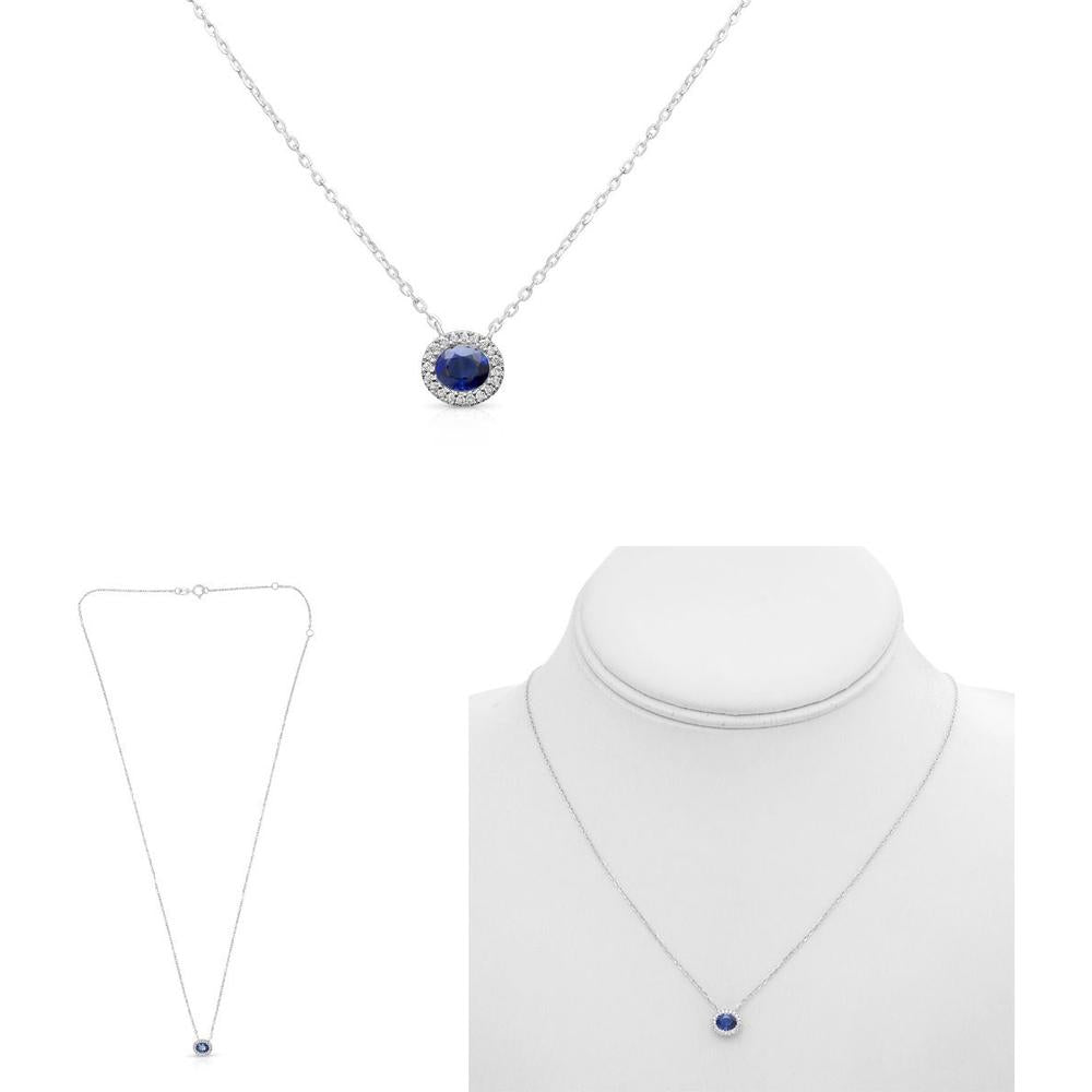 Roman & Jules - 14K White Gold Oval Sapphire Pendant Necklace with Round Diamond Halo - 0.40 Carat Total Diamond Weight