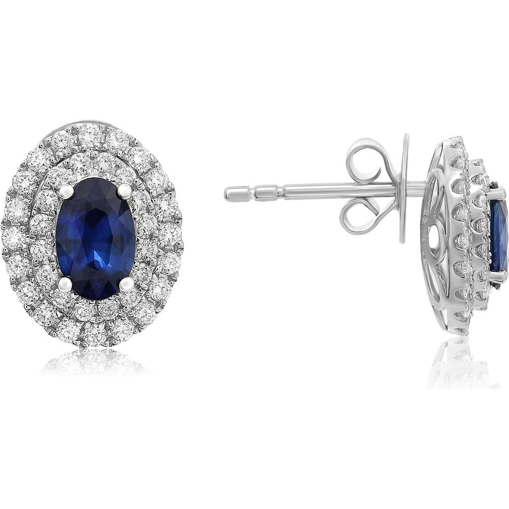 Roman & Jules - 14K White Gold Oval Sapphire Stud Earrings with Diamond Halo - 1.26 Carat Total Sapphire Weight