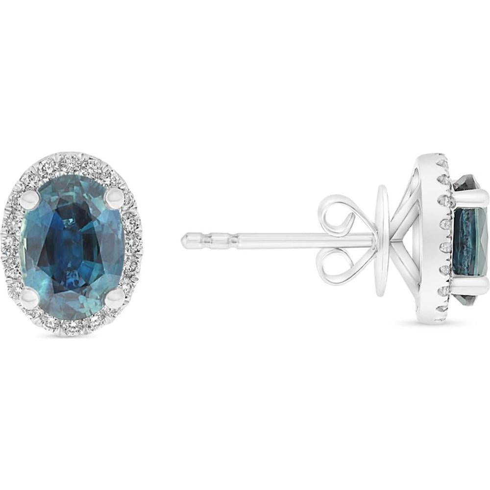 Roman & Jules - 14K White Gold Oval Sapphire Stud Earrings with Round Diamond Halo - 0.36 Carat Total Sapphire Weight