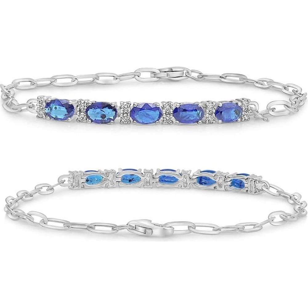 Roman & Jules - 14K White Gold Oval Sapphire Tennis Bracelet with Prong Set Round Sapphires - 2.50 Carat Total Sapphire Weight