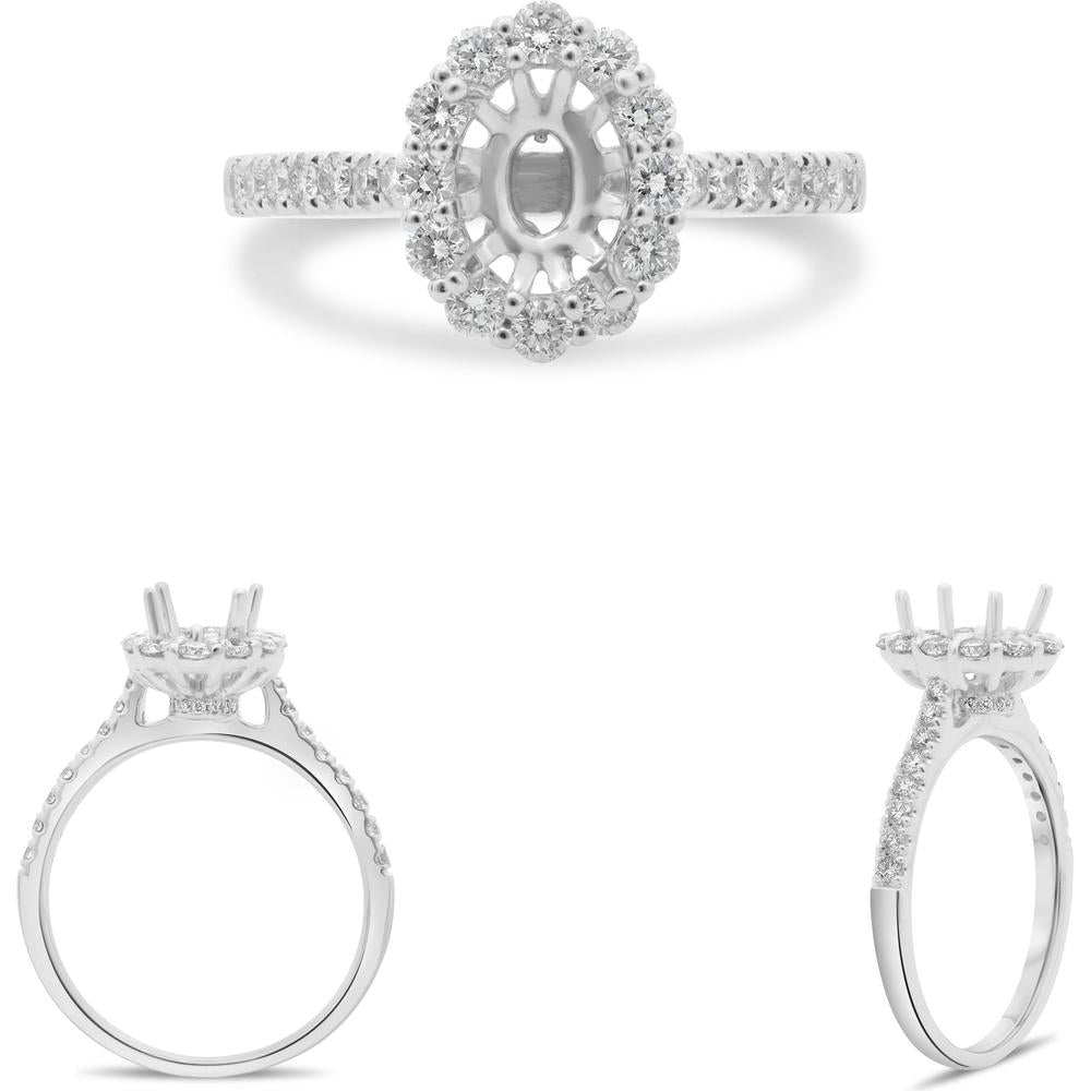 Roman & Jules - 14K White Gold Oval Shared Prong Halo Engagement Setting with Round Diamonds - 0.56 Carat Total Diamond Weight