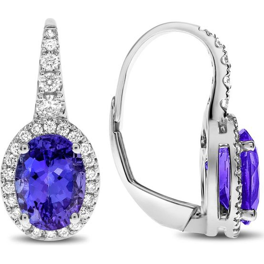 Roman & Jules - 14K White Gold Oval Tanzanite Earrings with Diamond Halo - 1.74 Carat Total Tanzanite Weight