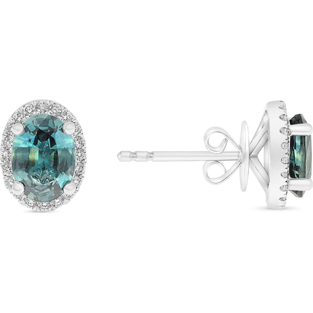 Roman & Jules - 14K White Gold Oval Teal Sapphire Halo Stud Earrings with Round Diamonds - 0.36 Carat Total Gem Weight