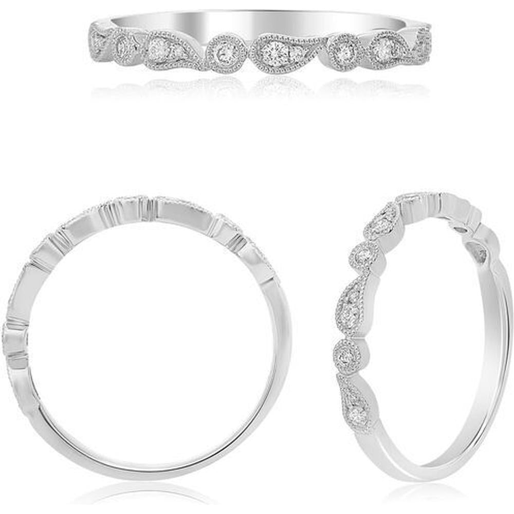 Roman & Jules - 14K White Gold Paisley Diamond Band with Milgrain Detailing - 0.13 Carat Total Diamond Weight