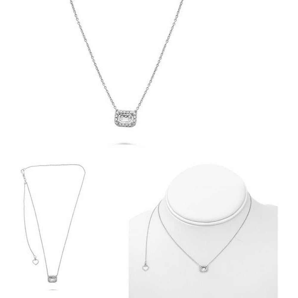 Roman & Jules - 14K White Gold Pave Diamond Halo Necklace with Emerald Cut Center - 0.12 Carat Total Diamond Weight