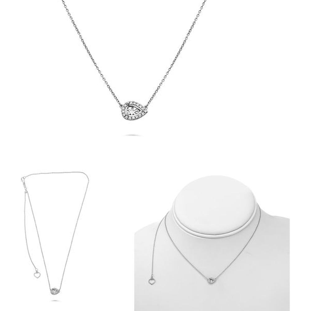 Roman & Jules - 14K White Gold Pave Diamond Halo Semi Mount Necklace with Emerald Cut Diamond - 0.13 Carat Total Diamond Weight