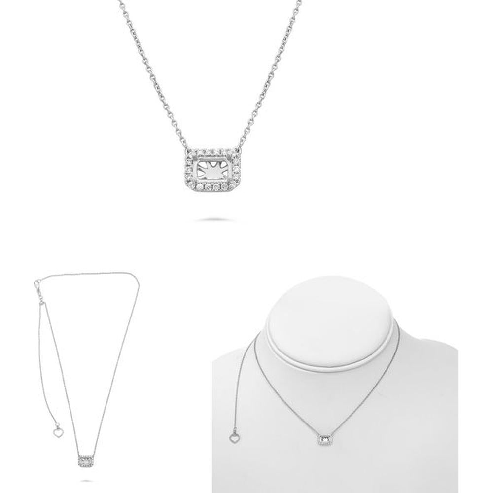 Roman & Jules - 14K White Gold Pave Diamond Halo Semi-Mount Necklace with Emerald Cut Diamond - 0.14 Carat Total Diamond Weight