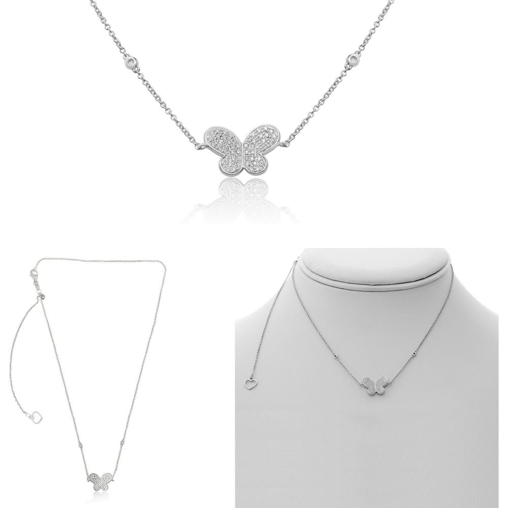 Roman & Jules - 14K White Gold Pave Set Diamond Butterfly Pendant Necklace - 0.15 Carat Total Diamond Weight