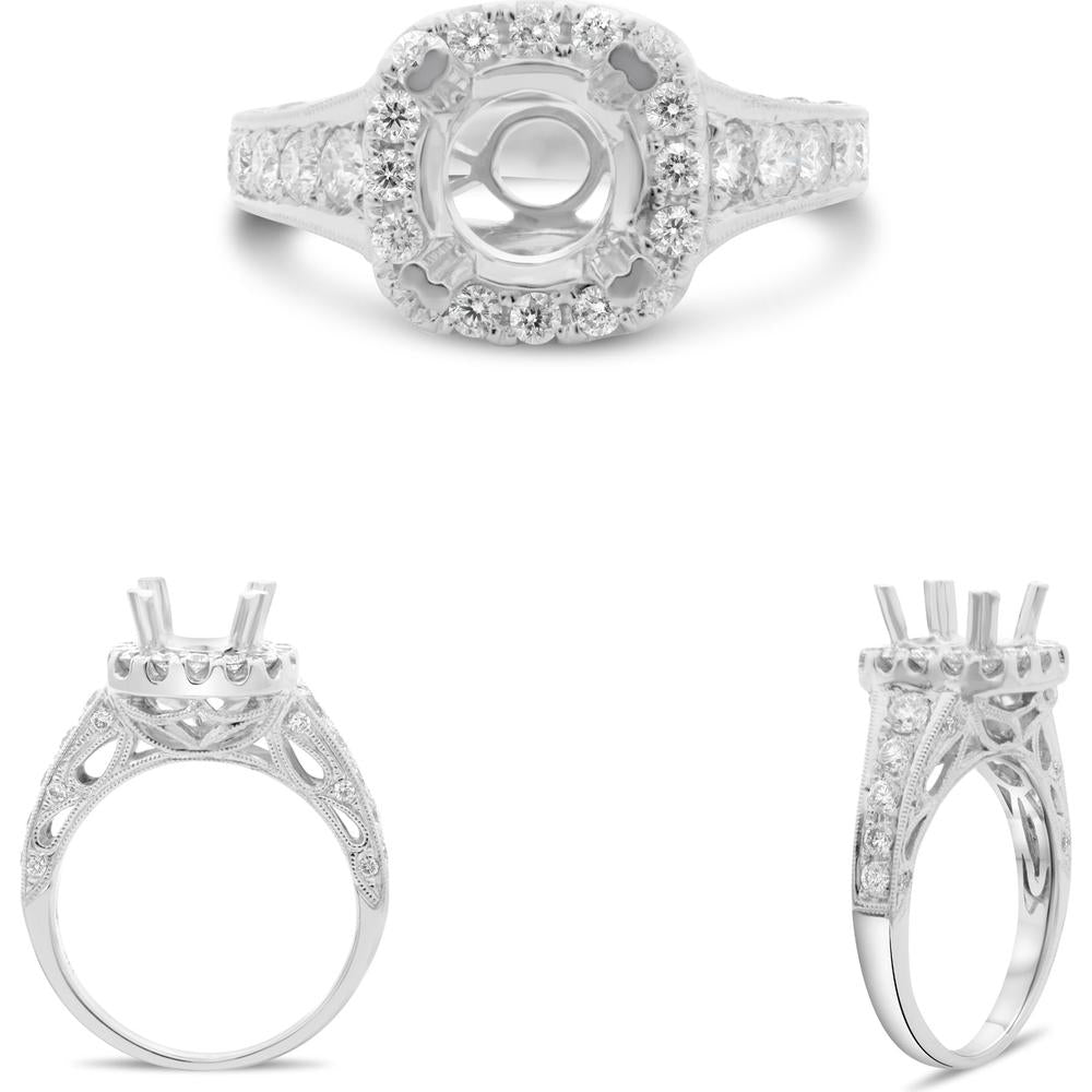 Roman & Jules - 14K White Gold Pave Shank Engagement Ring Setting with Round Diamonds - 0.87 Carat Total Diamond Weight