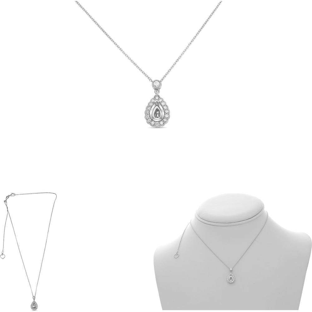 Roman & Jules - 14K White Gold Pear Diamond Halo Pendant Necklace with 0.30 Carat Round Diamonds