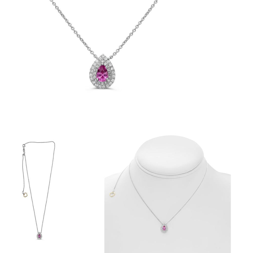 Roman & Jules - 14K White Gold Pear Halo Necklace with 0.49 Carat Pink Sapphire and 0.24 Carat Diamond Accents
