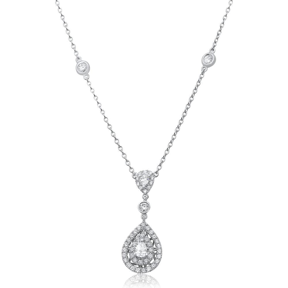 Roman & Jules - 14K White Gold Pear Shape Diamond Necklace with Halo - 1.10 Carat Total Diamond Weight