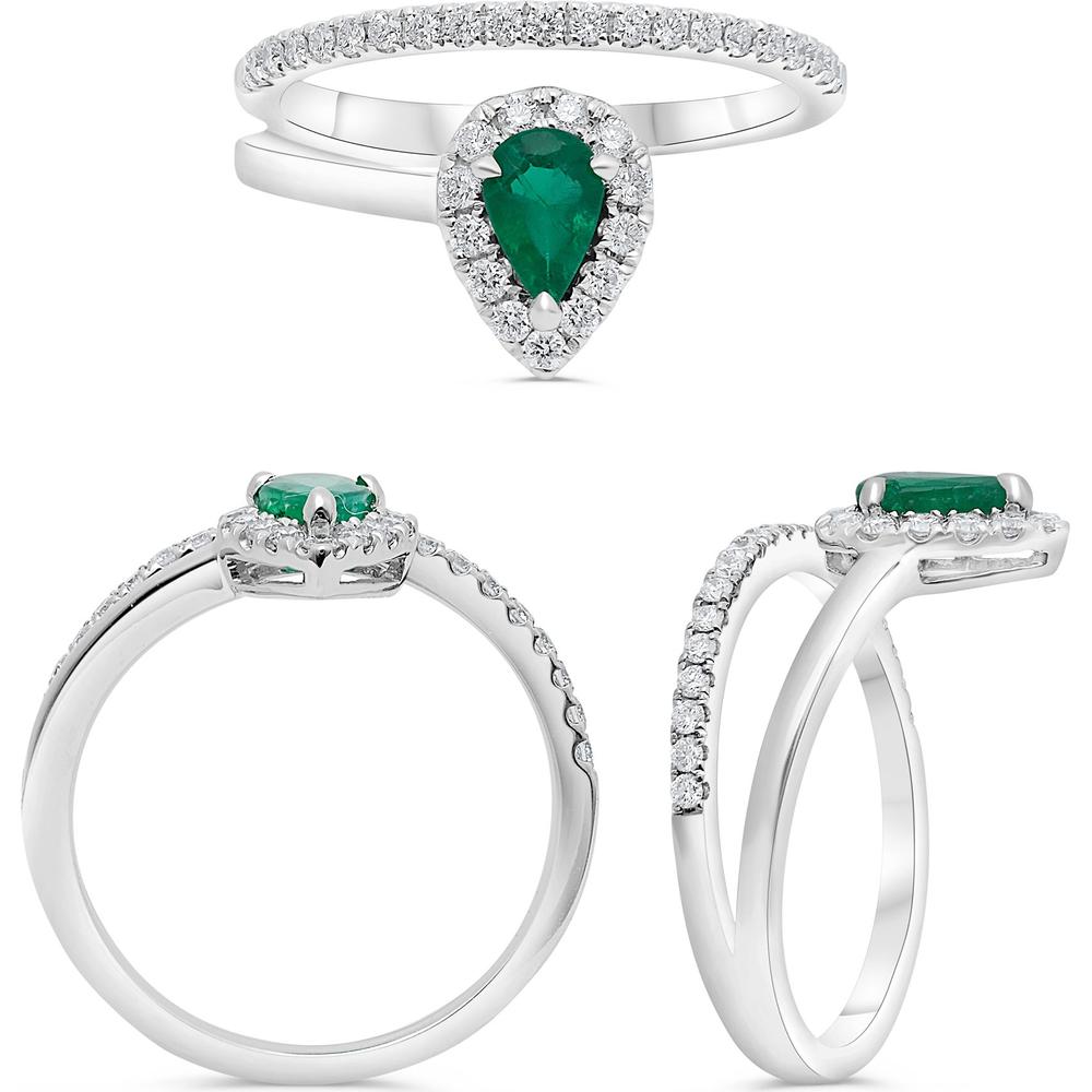 Roman & Jules - 14K White Gold Pear-Shape Emerald Ring with Round Diamond Halo - 0.35 Carat Emerald and 0.30 Carat Total Diamond Weight