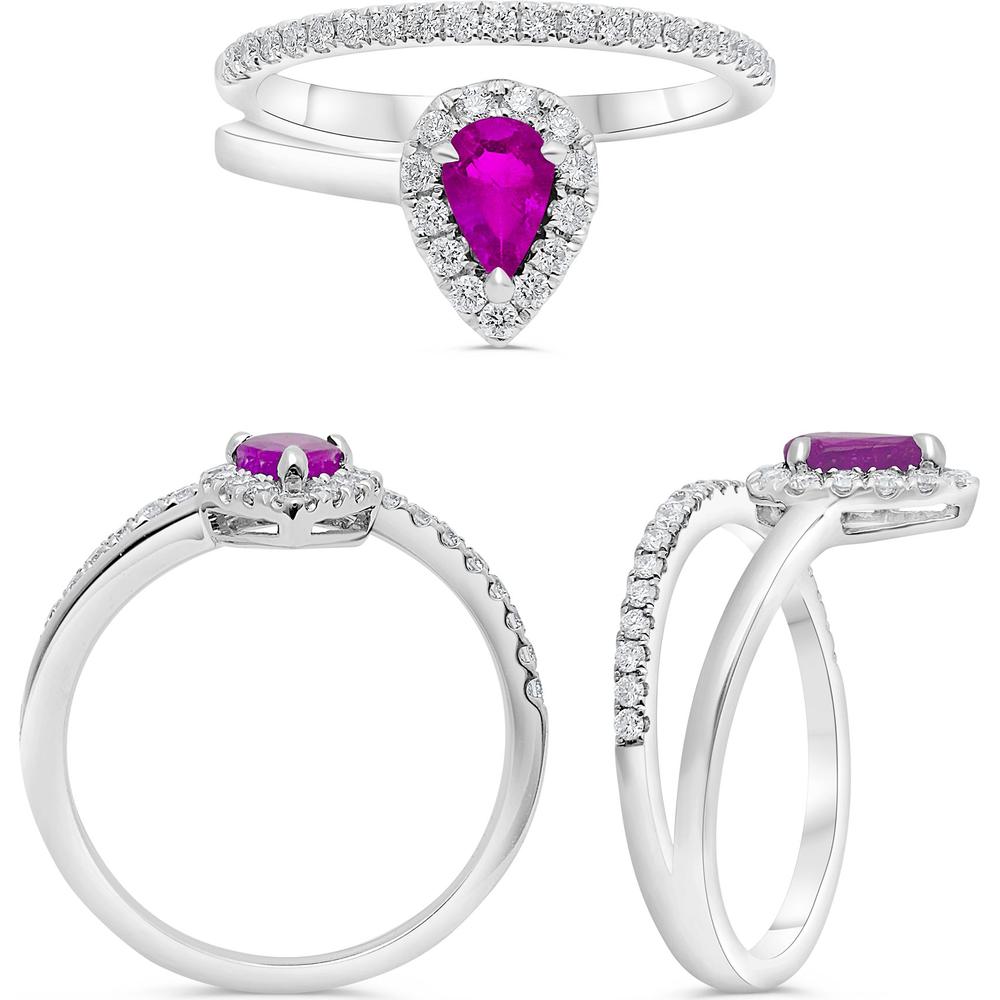 Roman & Jules - 14K White Gold Pear Shape Pink Sapphire Ring with Diamond Halo - 0.30 Carat Total Diamond Weight