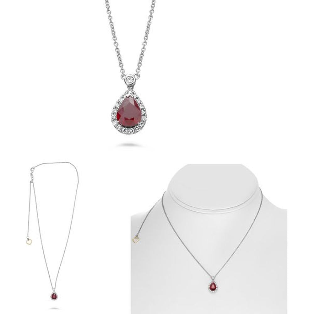 Roman & Jules - 14K White Gold Pear Shape Ruby Necklace with Halo of Round Diamonds - 0.22 Carat Total Diamond Weight